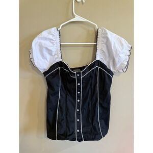 Dots Black White Corset Top Puff‎ Sleeve Square Neck Button Front Women's Size M